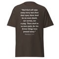 Unisex black t-shirt with Revelation 21:4 Bible verse printed in white text on front