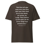 Unisex black t-shirt with Revelation 21:4 Bible verse printed in white text on front