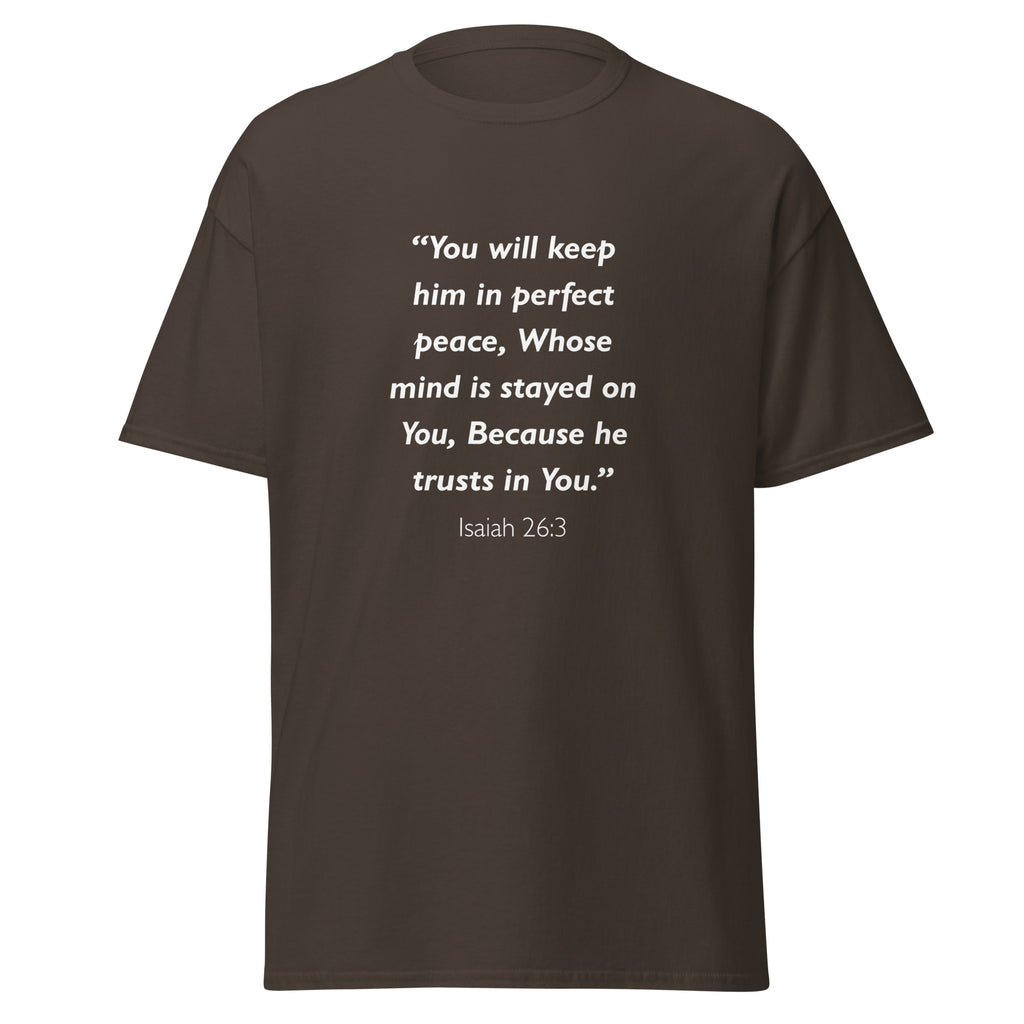 Unisex navy blue t-shirt with Isaiah 26:3 Bible verse printed in white text on front