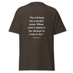 Unisex navy blue t-shirt with Isaiah 26:3 Bible verse printed in white text on front