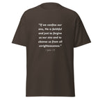 Unisex navy blue t-shirt with 1 John 1:9 Bible verse printed in white text on front