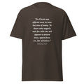 Unisex heather gray t-shirt with Hebrews 9:28 Bible verse printed in white text on front