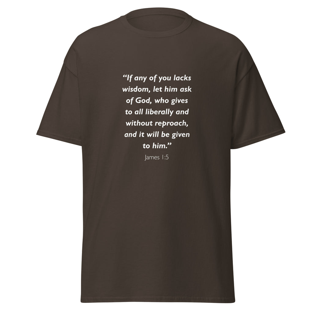 Unisex white t-shirt with James 1:5 Bible verse printed in white text on front