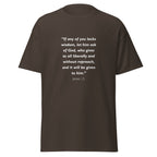 Unisex white t-shirt with James 1:5 Bible verse printed in white text on front
