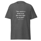 Unisex forest green t-shirt with Psalm 119:105 Bible verse printed in white text on front