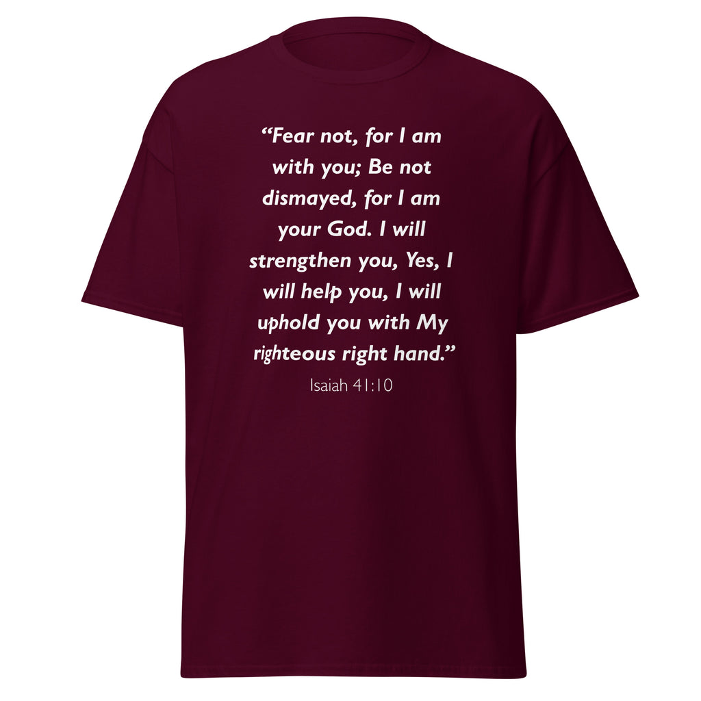 Unisex heather gray t-shirt with Isaiah 41:10 Bible verse printed in white text on front