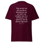 Unisex heather gray t-shirt with Isaiah 41:10 Bible verse printed in white text on front