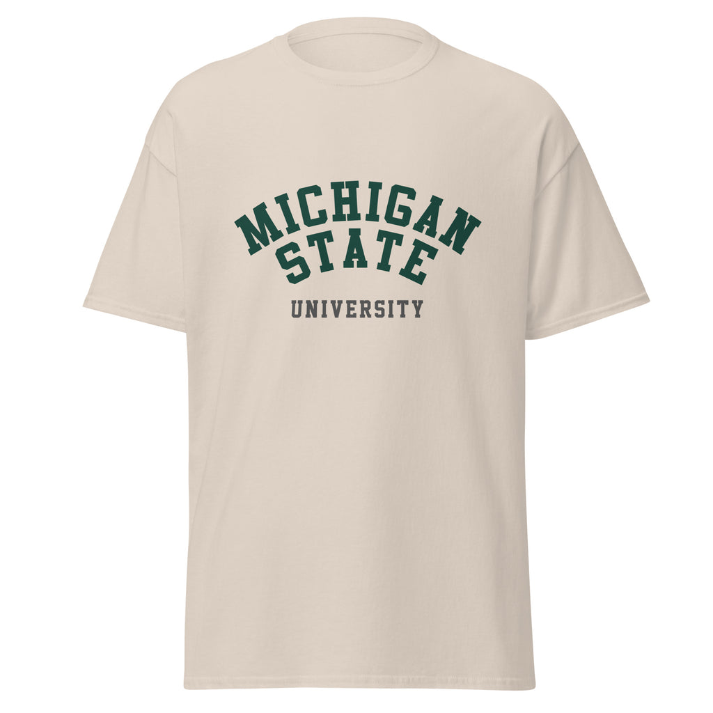 Unisex classic tee featuring Michigan State University name and branding in green and white