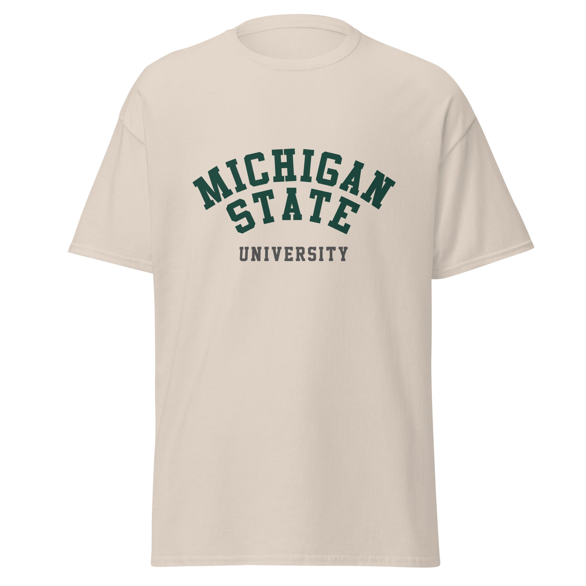 Unisex classic tee featuring Michigan State University name and branding in green and white