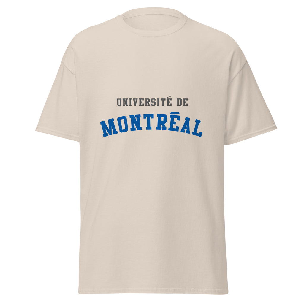 Unisex classic tee featuring Université de Montréal name and branding in blue and white