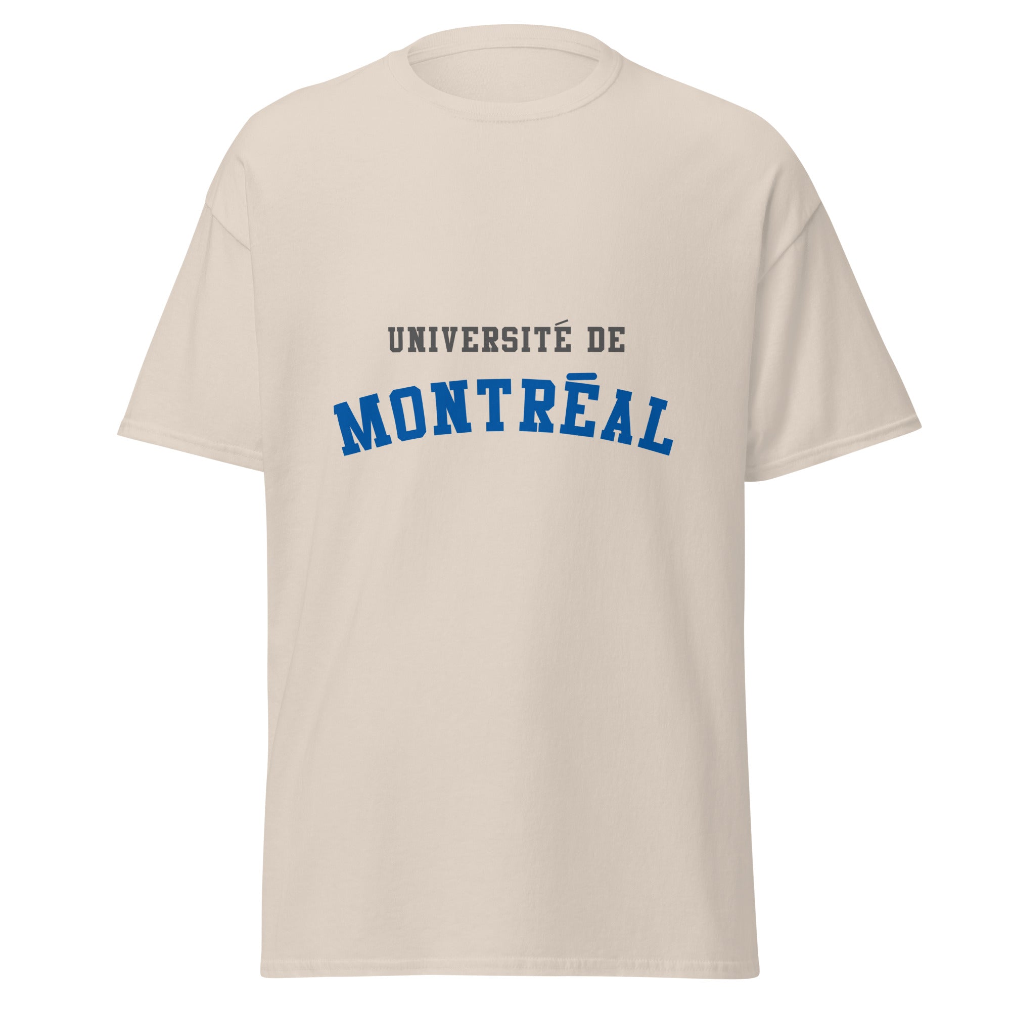 Unisex classic tee featuring Université de Montréal name and branding in blue and white