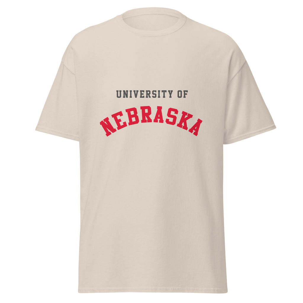 Unisex classic tee featuring University of Nebraska name and branding in scarlet and cream