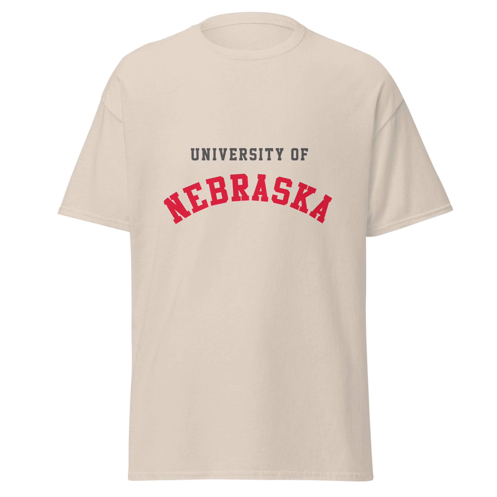 Unisex classic tee featuring University of Nebraska name and branding in scarlet and cream
