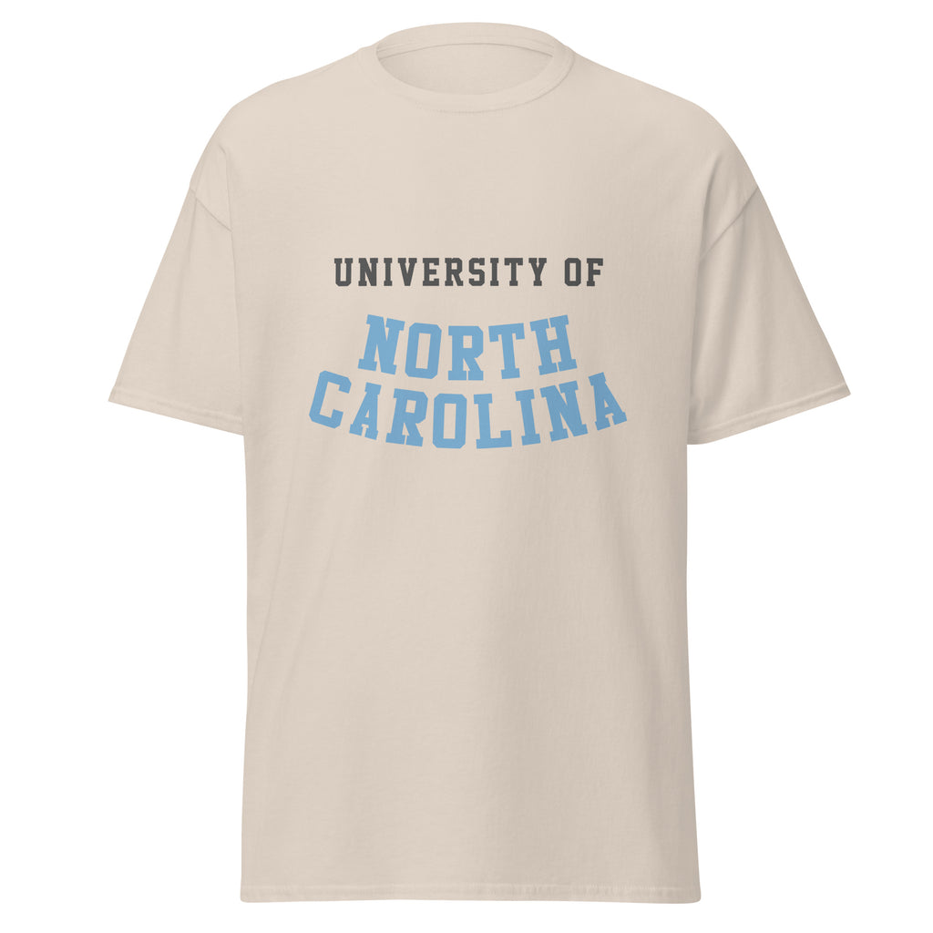 Unisex classic tee featuring University of North Carolina name and branding in Carolina blue and white