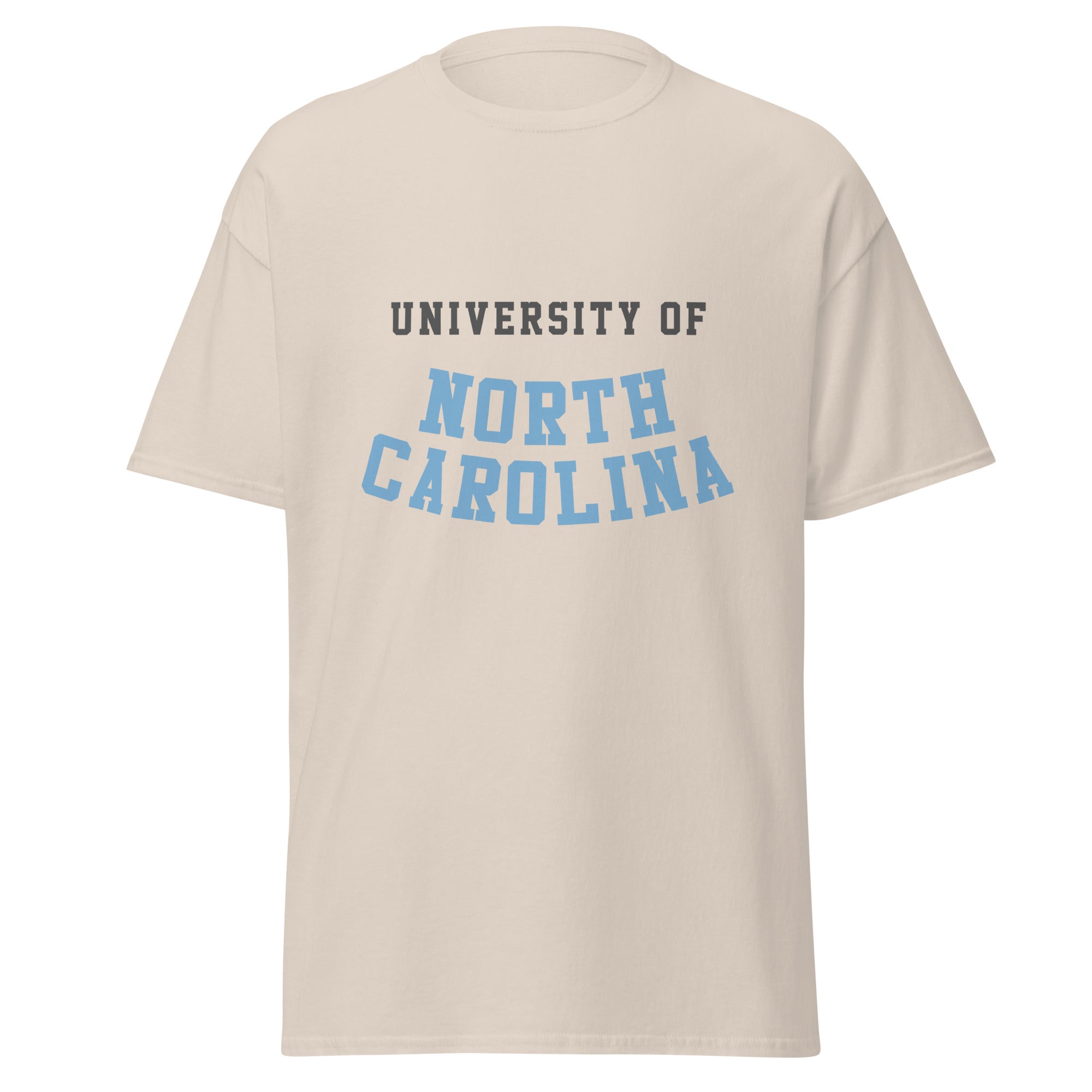Unisex classic tee featuring University of North Carolina name and branding in Carolina blue and white