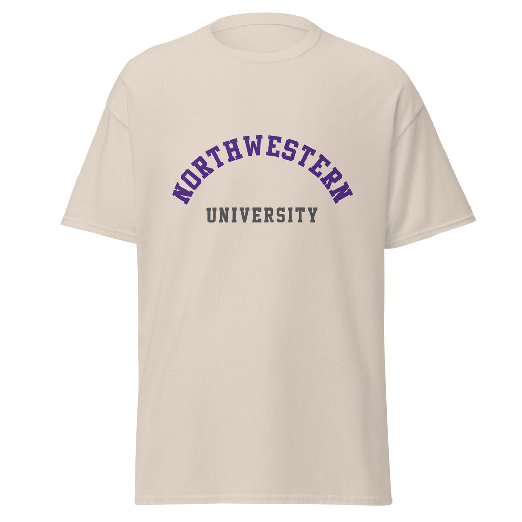 Unisex classic tee featuring Northwestern University name and branding in purple and white