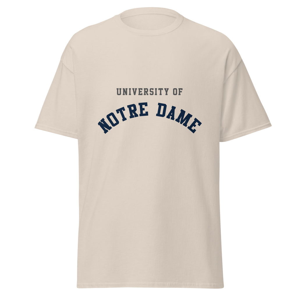 Unisex classic tee featuring University of Notre Dame name and branding in navy and gold