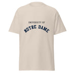 Unisex classic tee featuring University of Notre Dame name and branding in navy and gold