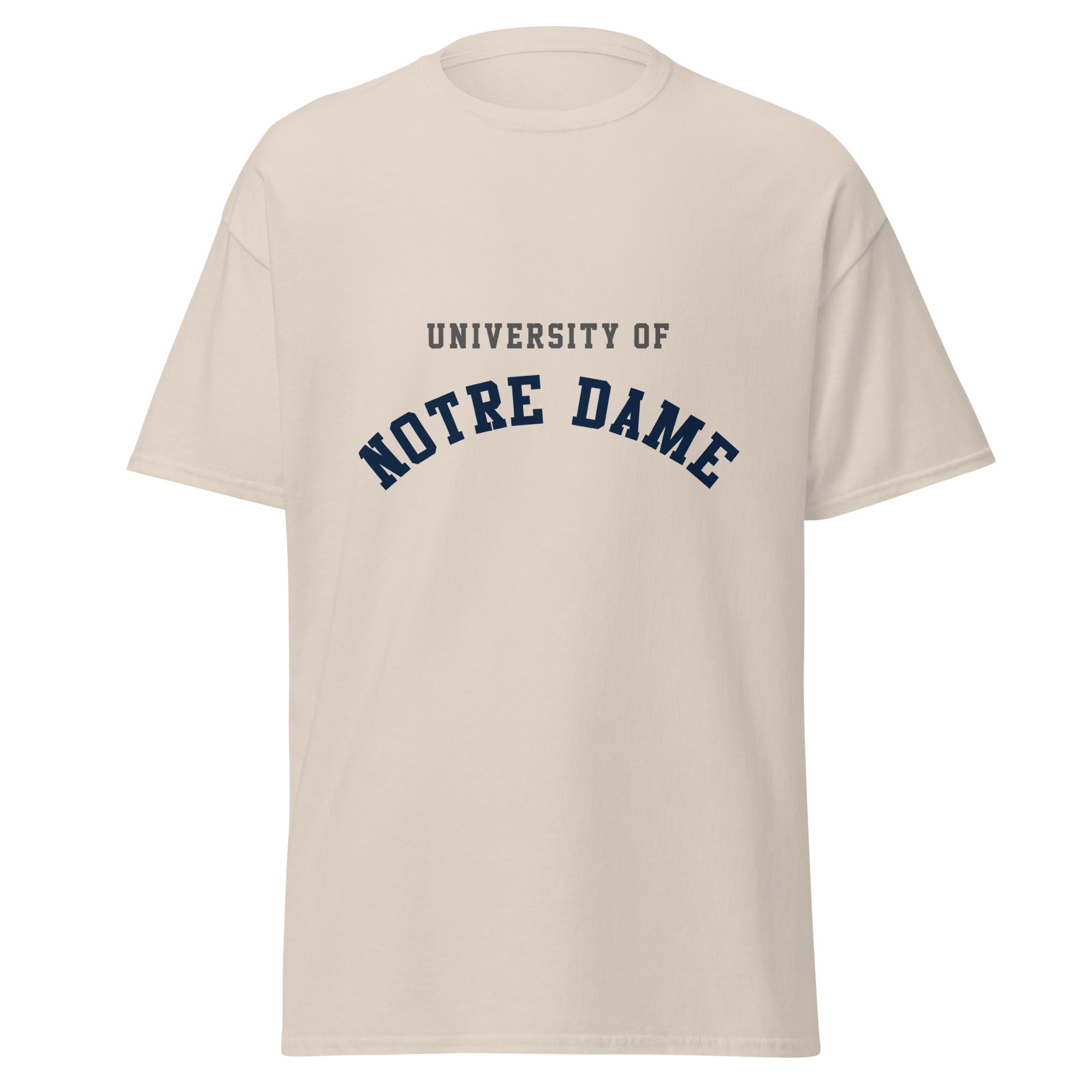 Unisex classic tee featuring University of Notre Dame name and branding in navy and gold