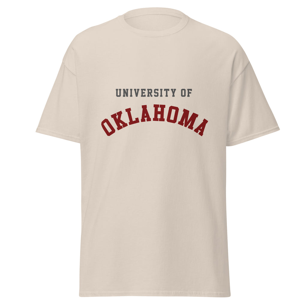 Unisex classic tee featuring University of Oklahoma name and branding in crimson and cream