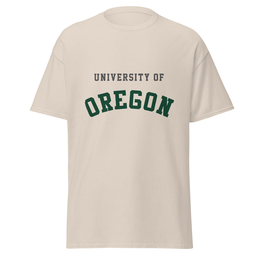 Unisex classic tee featuring University of Oregon name and branding in green and yellow