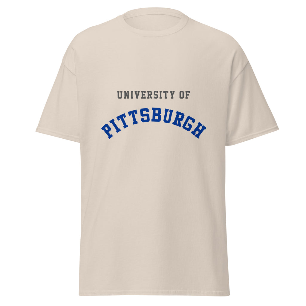 Unisex classic tee featuring University of Pittsburgh name and branding in royal blue and gold