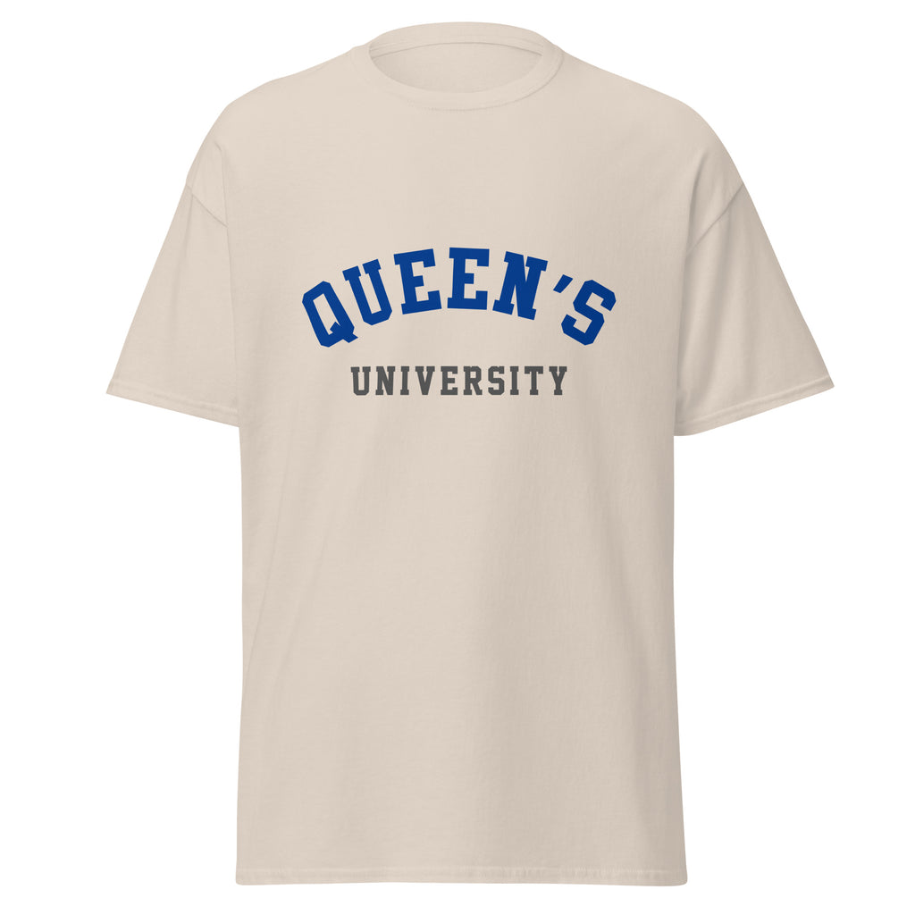 Unisex classic tee featuring Queen's University name and branding in blue and red
