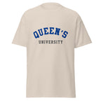 Unisex classic tee featuring Queen's University name and branding in blue and red