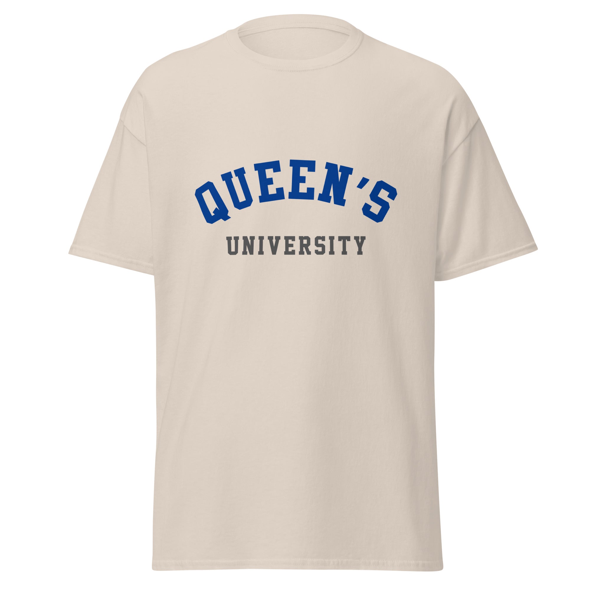 Unisex classic tee featuring Queen's University name and branding in blue and red