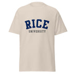 Unisex classic tee featuring Rice University name and branding in navy and grey