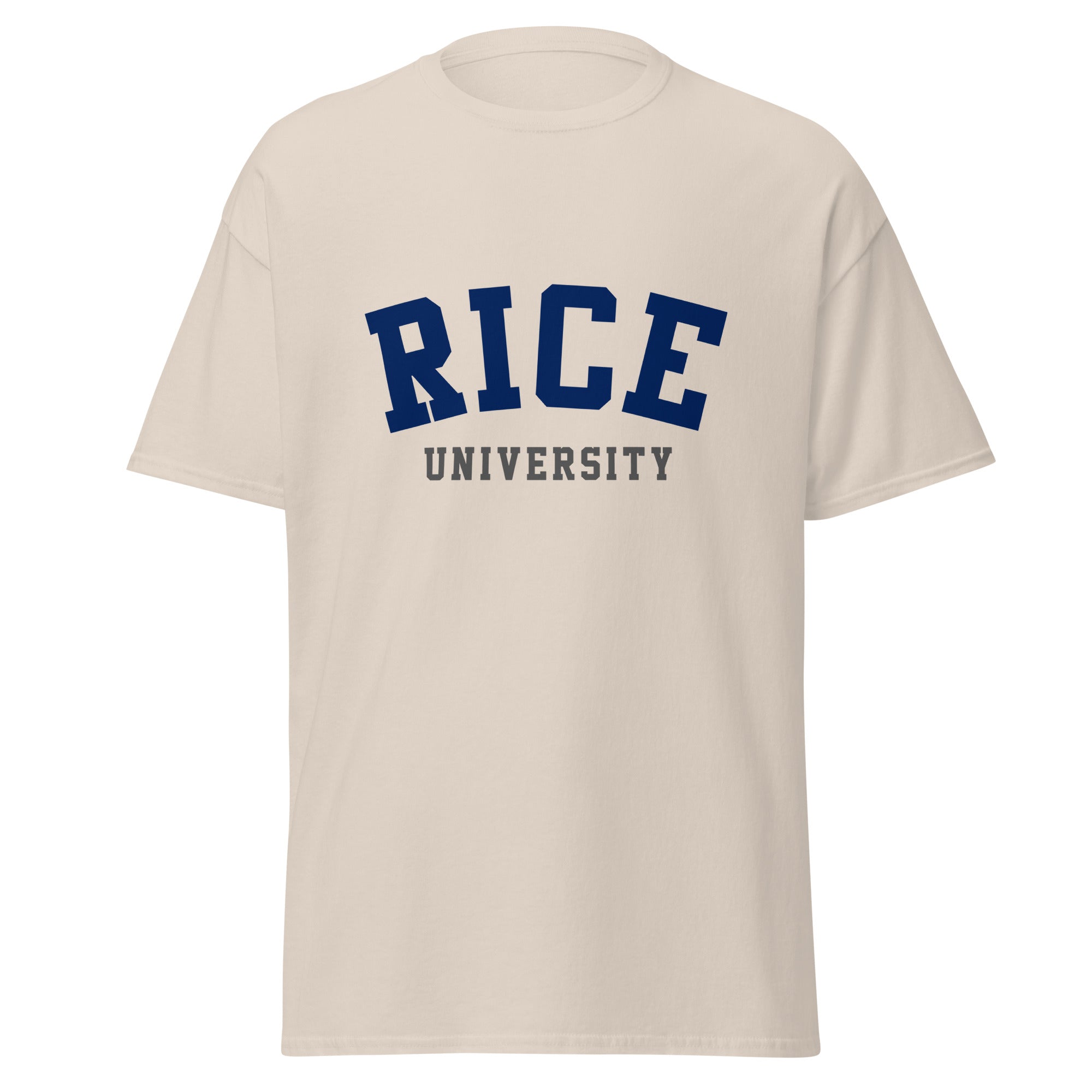 Unisex classic tee featuring Rice University name and branding in navy and grey