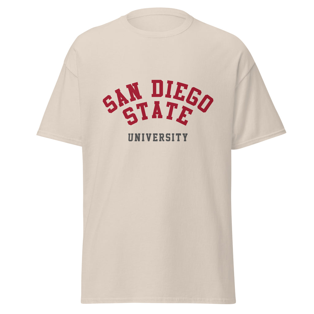 Unisex classic tee featuring San Diego State University name and branding in scarlet and black