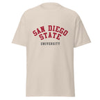 Unisex classic tee featuring San Diego State University name and branding in scarlet and black