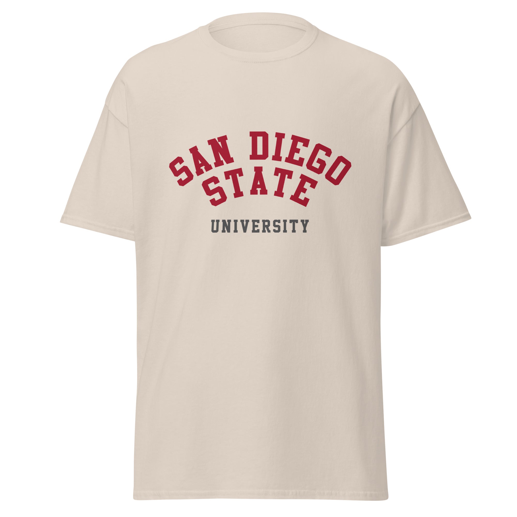 Unisex classic tee featuring San Diego State University name and branding in scarlet and black