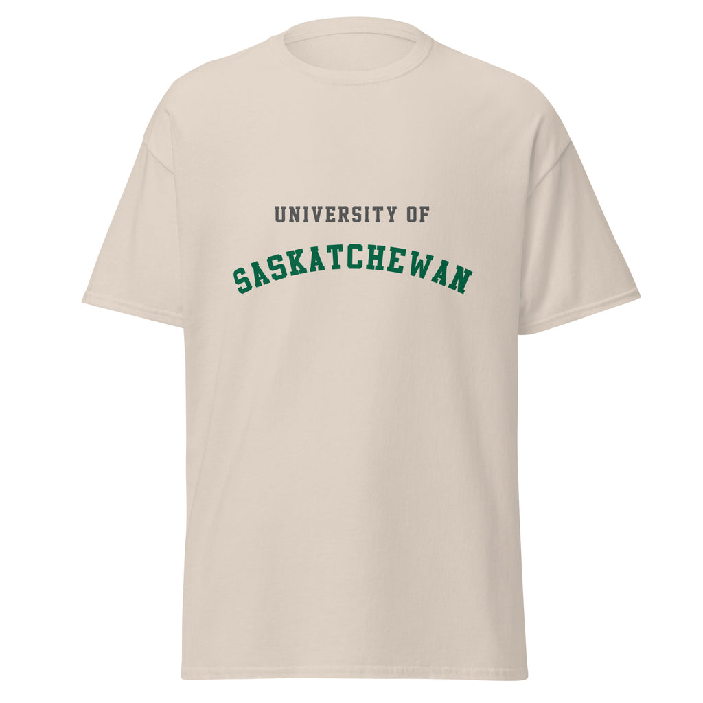 Unisex classic tee featuring University of Saskatchewan name and branding in green and gold