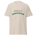 Unisex classic tee featuring University of Saskatchewan name and branding in green and gold