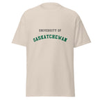 Unisex classic tee featuring University of Saskatchewan name and branding in green and gold