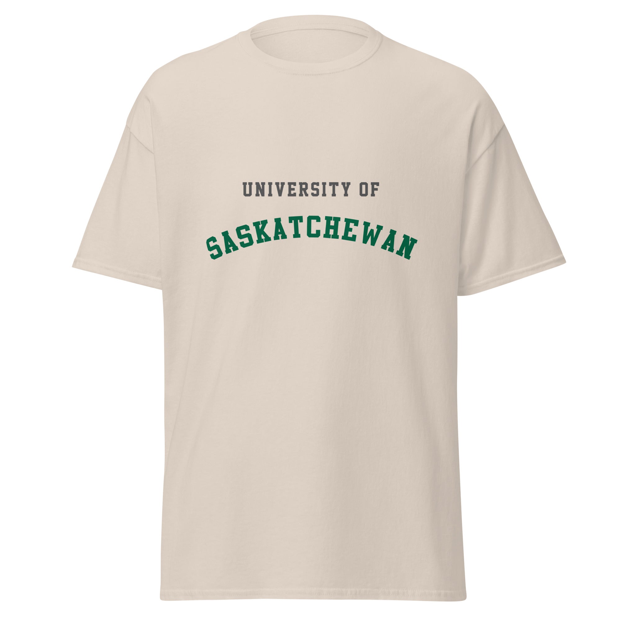 Unisex classic tee featuring University of Saskatchewan name and branding in green and gold