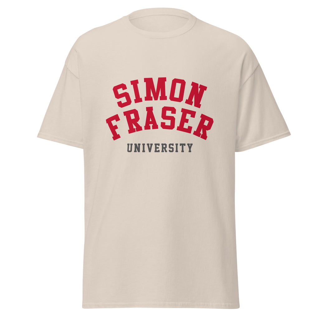 Unisex classic tee featuring Simon Fraser University name and branding in red and white