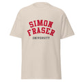 Unisex classic tee featuring Simon Fraser University name and branding in red and white