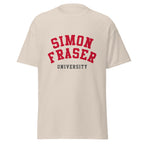 Unisex classic tee featuring Simon Fraser University name and branding in red and white