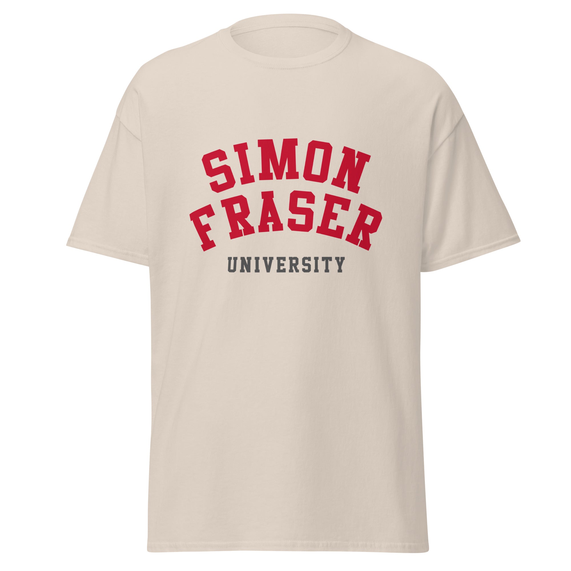 Unisex classic tee featuring Simon Fraser University name and branding in red and white