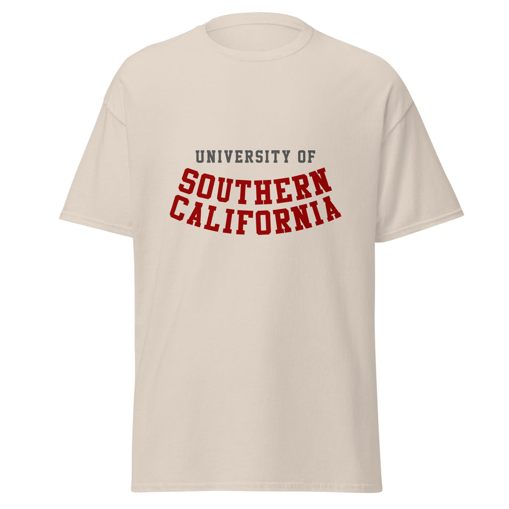 Unisex classic tee featuring University of Southern California name and branding in cardinal and gold