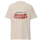 Unisex classic tee featuring University of Southern California name and branding in cardinal and gold