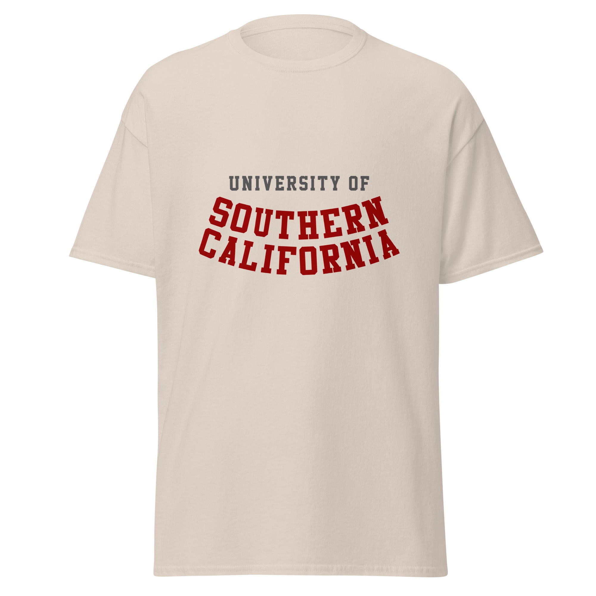 Unisex classic tee featuring University of Southern California name and branding in cardinal and gold