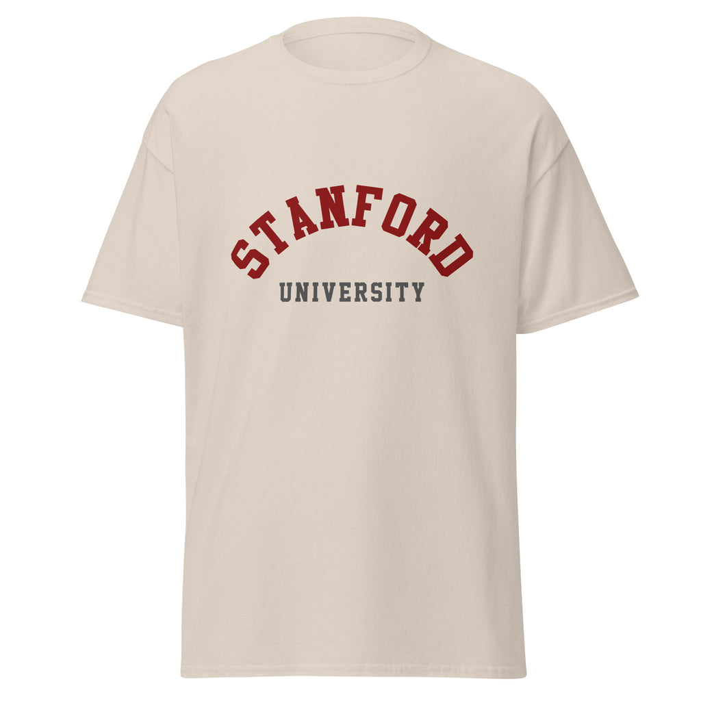 Unisex classic tee featuring Stanford University name and branding in cardinal red and white