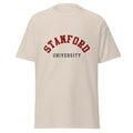 Unisex classic tee featuring Stanford University name and branding in cardinal red and white