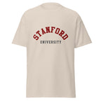 Unisex classic tee featuring Stanford University name and branding in cardinal red and white