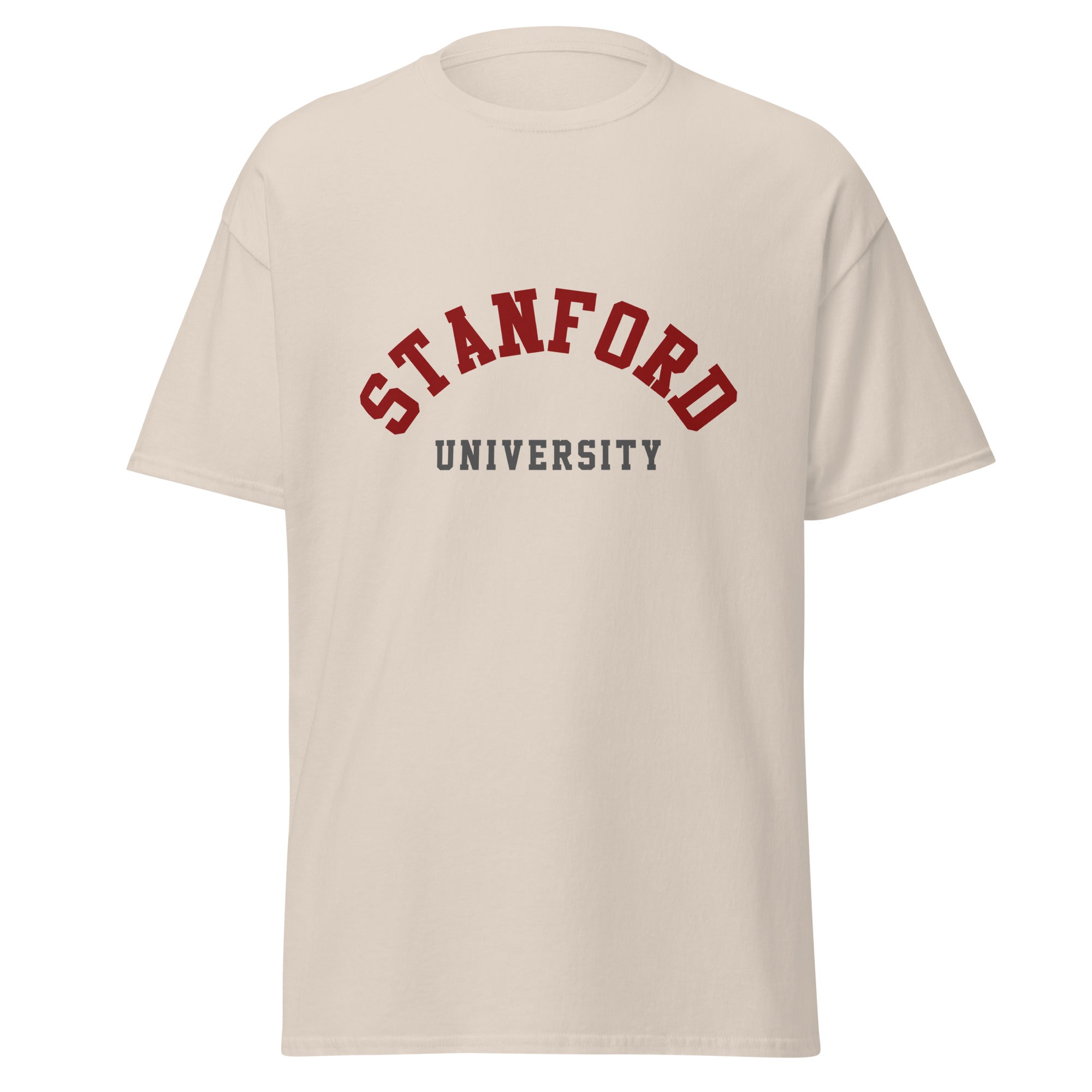 Unisex classic tee featuring Stanford University name and branding in cardinal red and white