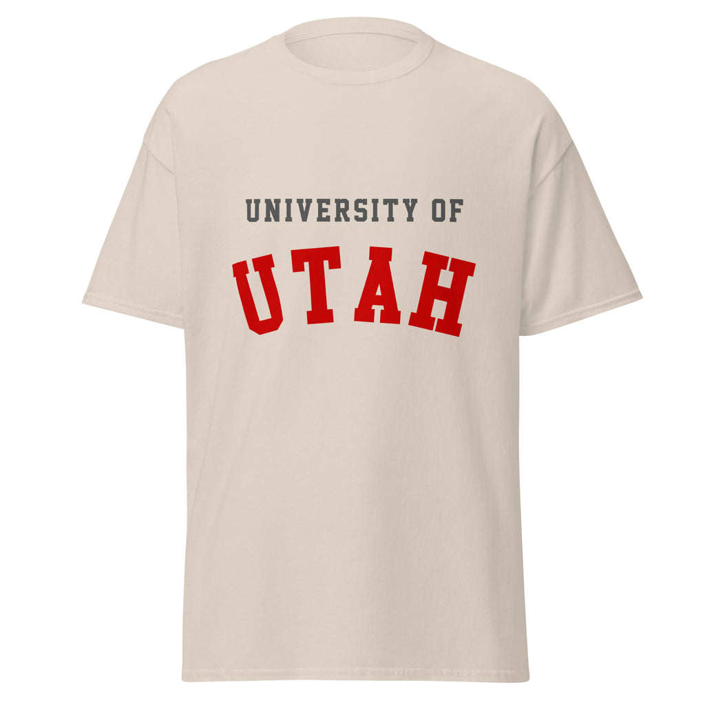Unisex classic tee featuring University of Utah name and branding in crimson and white